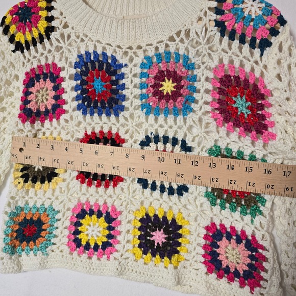 Debut Cream Crochet Granny Square Sweater Long Sleeve Women's Size S - Picture 7 of 9